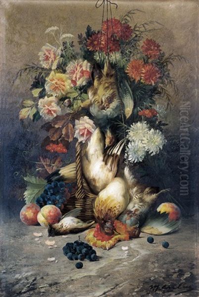 Stilleven Met Bloemen, Fruit En Wild Oil Painting by Max Carlier