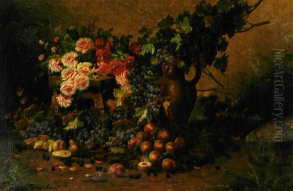 Stilleven Met Bloemen En Vruchten Oil Painting by Max Carlier