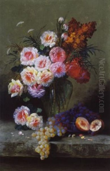 Stilleven Met Bloemen En Vruchten Oil Painting by Max Carlier