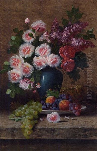 Roses, Lilacs In A Blue Vase With A Plate Of Fruit On A Stone Ledge Oil Painting by Max Carlier