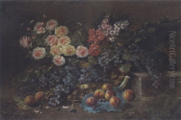 Stilleven Met Bloemen En Fruit Oil Painting by Max Carlier