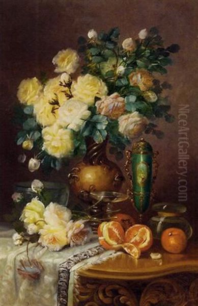 White Roses, Oranges And A Porcelain Urn On A Draped Table Oil Painting by Max Carlier