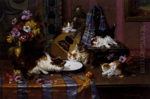 Interieur Met Moederkat En Kittens Oil Painting by Max Carlier