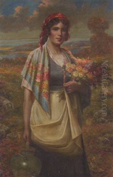 Jeune Fille Au Bouquet De Fleurs Dans Un Paysage Lacustre Oil Painting by Max Carlier