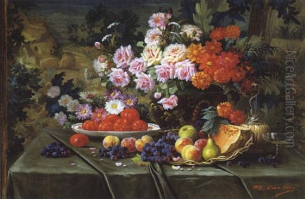 Stilleven Met Bloemen En Fruit Oil Painting by Max Carlier