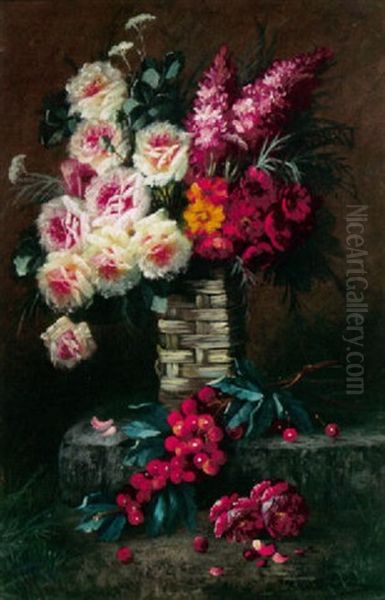 A Still Life With Flowers In A Vase And Cherries Of A Ledge Oil Painting by Max Carlier