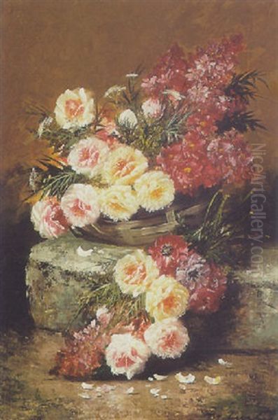 Abundance Of Flowers On A Stone Ledge Oil Painting by Max Carlier