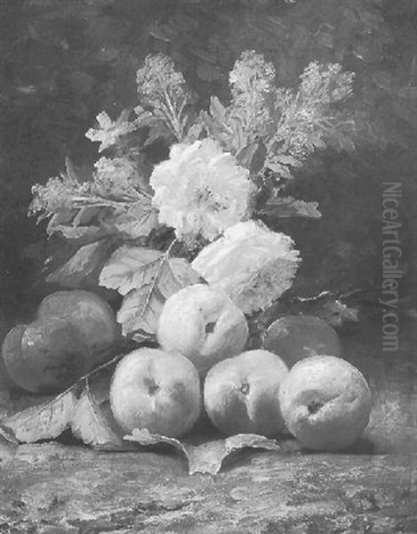 Bloemstilleven Met Rozen En Perzikken Oil Painting by Max Carlier