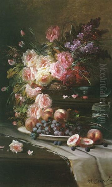 A Still Life With Roses And Other Flowers In An Urn And Peaches And Grapes In A Dish On A Tabletop Oil Painting by Max Carlier