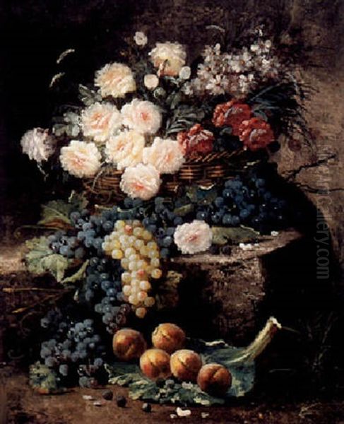 A Still Life With Peonies, Grapes And Peaches Oil Painting by Max Carlier