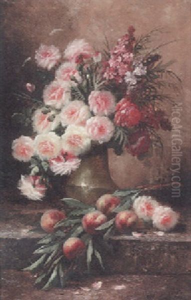 A Vase Of Roses With Peaches On A Bank Oil Painting by Max Carlier