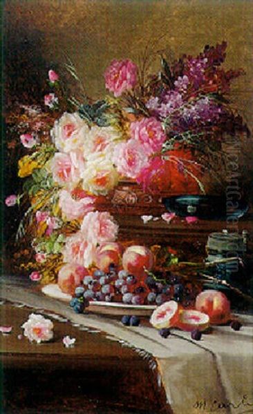 Still Life With Flowers, Peaches And Grapes Oil Painting by Max Carlier