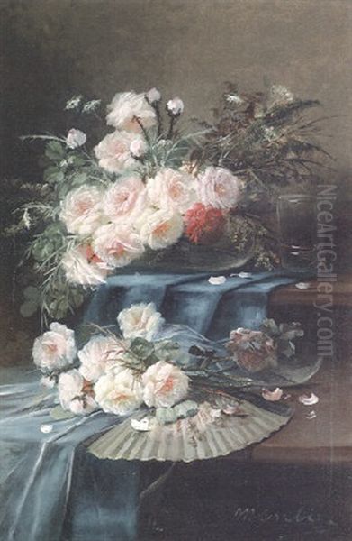 Roses And Others Flowers, A Fan And A Glass On A Draped Table Oil Painting by Max Carlier