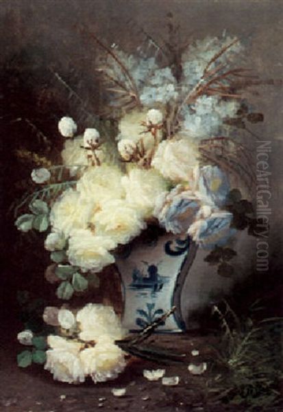 Still Life With Roses In A Blue Vase Oil Painting by Max Carlier