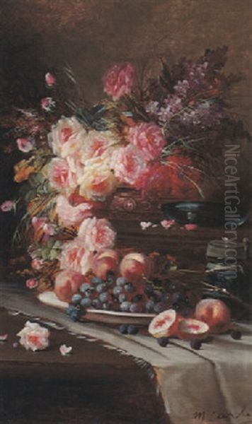 Still Life With Flowers, Peaches And Grapes Oil Painting by Max Carlier