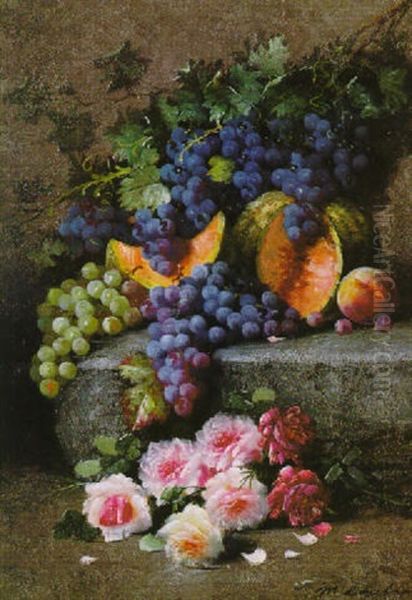 Still Life With Grapes, Melons And Roses Oil Painting by Max Carlier