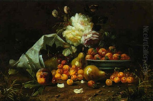 A Still Life With Cherries And Pears And Roses Oil Painting by Max Carlier