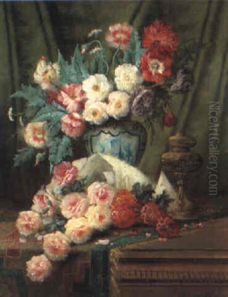 Still Life With Roses And Other Flowers On A Draped Table Oil Painting by Max Carlier