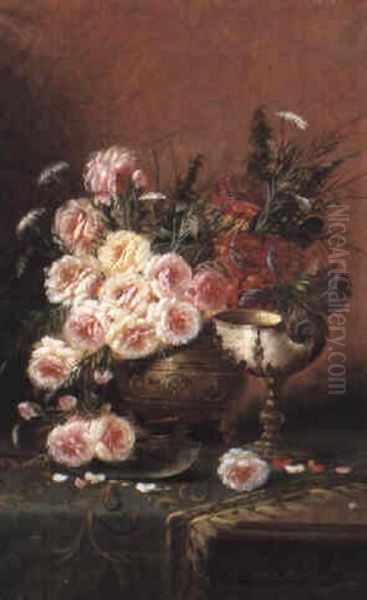 Still Life With Roses And Nautilus Cup On A Draped Table Oil Painting by Max Carlier