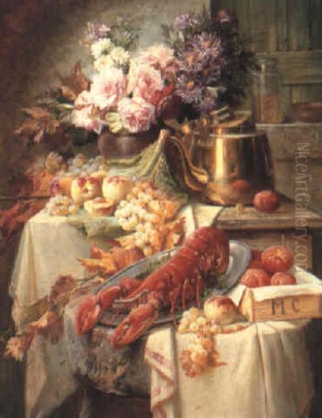 Still Life With A Lobster, Fruit And Flowers Oil Painting by Max Carlier