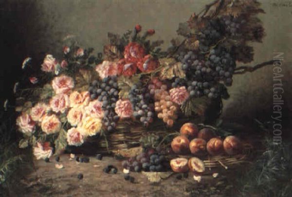 Still Life With Roses And Fruit In A Basket Oil Painting by Max Carlier