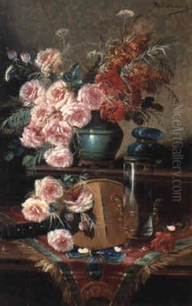 A Still Life With A Mandolin And Assorted Flowers On A      Draped Table Oil Painting by Max Carlier