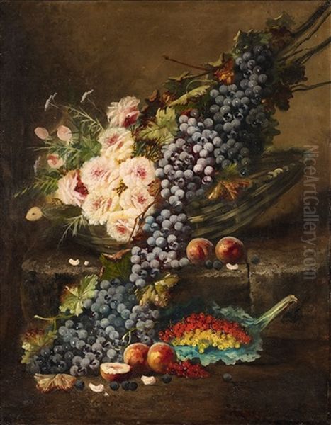 Still Life With Roses And Grapes In A Basket, Peaches, And Currants Oil Painting by Modeste (Max) Carlier