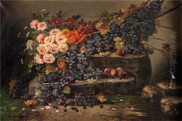 Nature Morte De Fleurs Et De Raisins Sur Un Entablement Oil Painting by Modeste (Max) Carlier