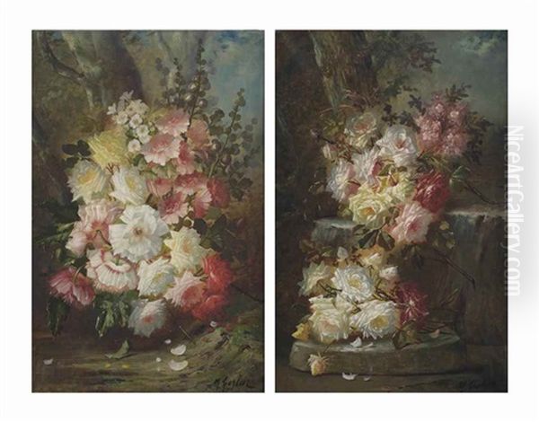 A Spring Bouquet With Roses And Hollyhocks; And A Colourful Bouquet Of Roses On A Forest Floor Oil Painting by Modeste (Max) Carlier