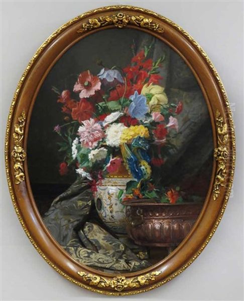 Still-life With Peonies, Gladiolas, Carnations And Poppies In A Faience Vase Oil Painting by Modeste (Max) Carlier