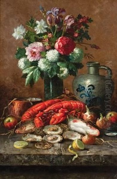 Still Life With Crayfish And Oysters Oil Painting by Modeste (Max) Carlier