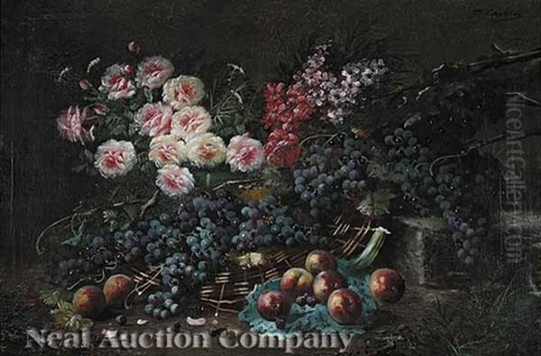 Still Life With Pink Peonies And Grapes Oil Painting by Modeste (Max) Carlier