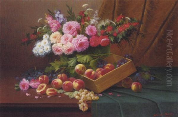 Summer Flowers With A Box Of Peaches And Grapes On A Draped Table Oil Painting by Modeste (Max) Carlier