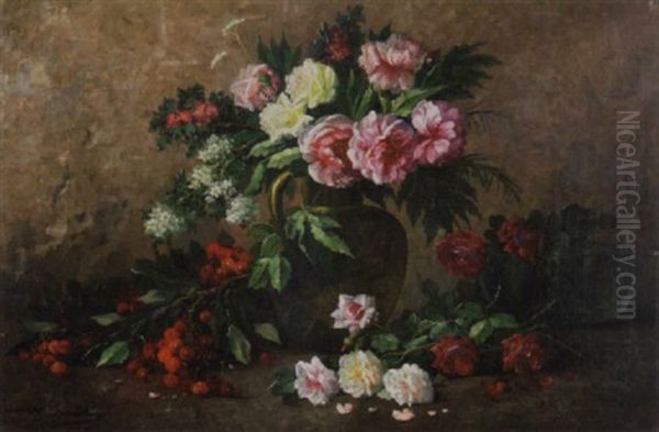 A Still Life With Roses And Cherries Oil Painting by Modeste (Max) Carlier