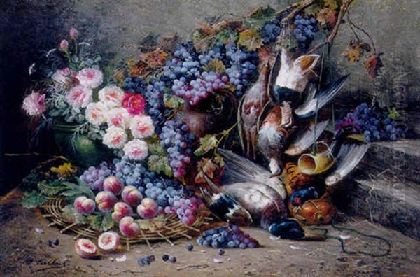 Roses, Peaches, Grapes And Game Oil Painting by Modeste (Max) Carlier