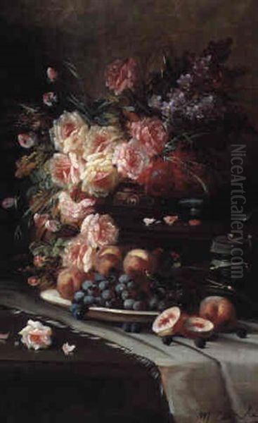 Still Life With Flowers And Fruit On A Table Oil Painting by Modeste (Max) Carlier