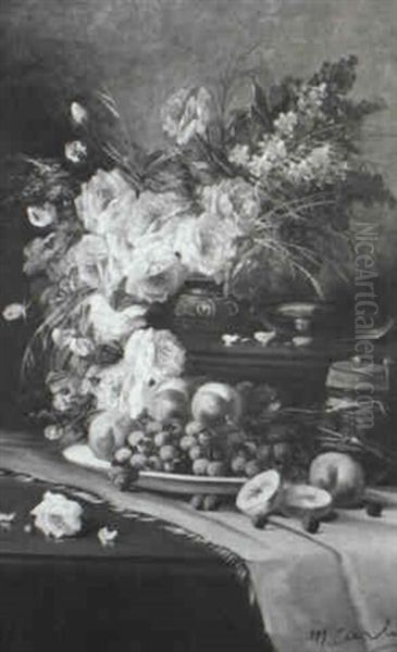 Still Life With Roses, Violets And Fruit On Table Oil Painting by Modeste (Max) Carlier