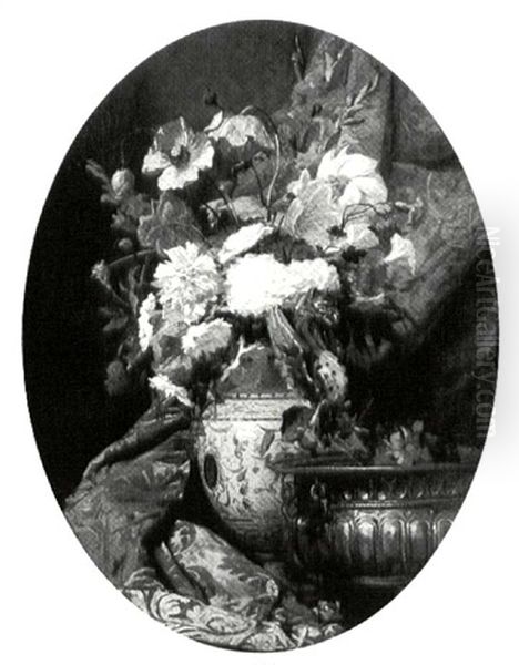 Still Life With Peonies, Gladiolas, Carnations, And Poppies In A Faience Vase Oil Painting by Modeste (Max) Carlier