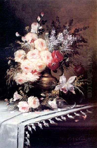 Still Life With Assorted Flowers In A Brass Vase Oil Painting by Modeste (Max) Carlier