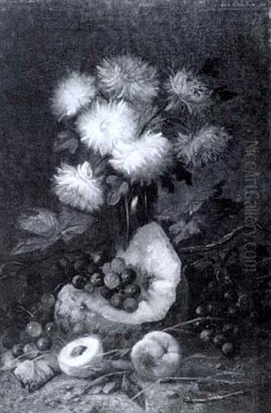 Still Life With A Vase Of Chrysanthemums And Cut Fruit Oil Painting by Modeste (Max) Carlier