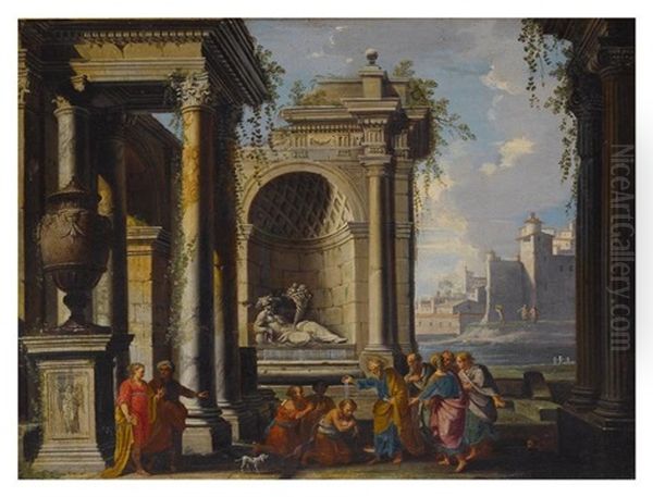 A Capriccio View With Classical Ruins And Saint Peter Possibly Baptizing The Centurion, Cornelius Oil Painting by Alberto Carlieri