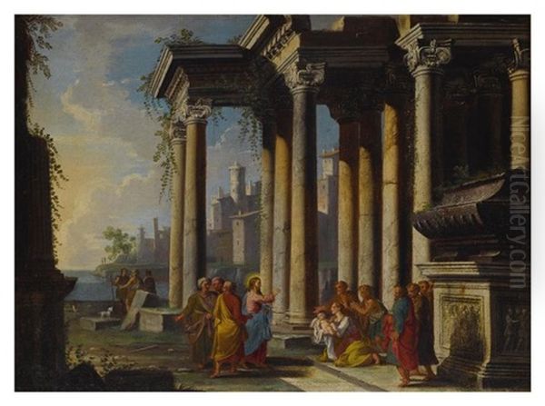 A Capriccio View With Classical Ruins And Christ Blessing A Mother And Child Oil Painting by Alberto Carlieri