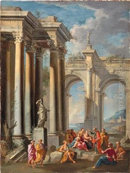 Architectural Capriccio With Saint Paul Preaching Oil Painting by Alberto Carlieri