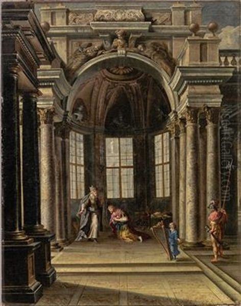 Architectural Interior With Nathan Admonishing King David Oil Painting by Alberto Carlieri