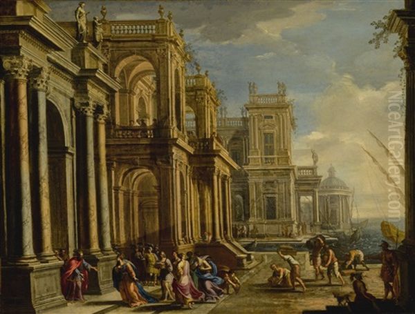 The Queen Of Sheba Visiting King Solomon In An Architectural Capriccio Oil Painting by Alberto Carlieri