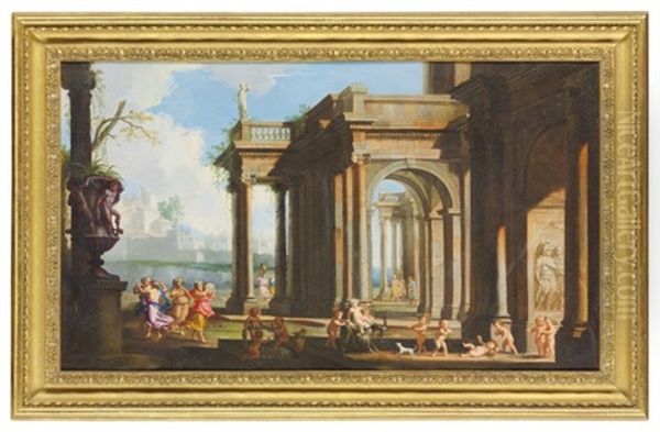 An Architectural Capriccio With A Bacchanale And Putti Beneath Columned Arches, A Town On A Shore Beyond Oil Painting by Alberto Carlieri