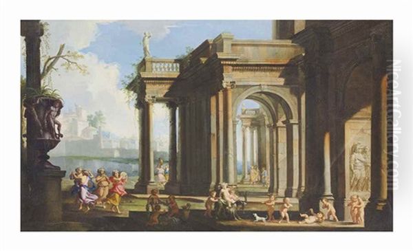 An Architectural Capriccio With A Bacchanale And Putti Beneath Columned Arches, A Town On A Shore Beyond Oil Painting by Alberto Carlieri