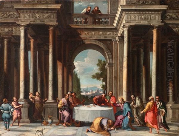 The Feast In The House Of Simon: Doric Hall With Column Cells Oil Painting by Alberto Carlieri