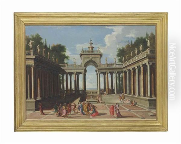 A Capriccio Of A Palace Courtyard With Christ Blessing The Children Oil Painting by Alberto Carlieri