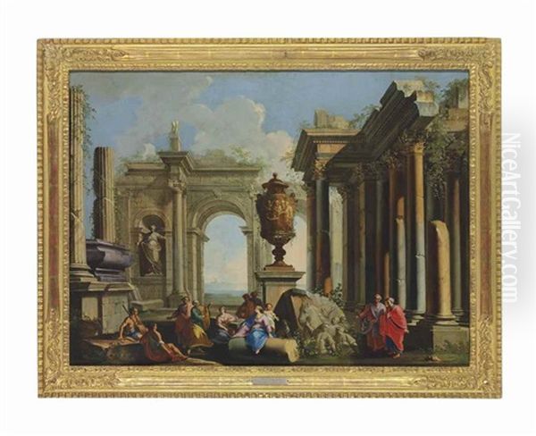 An Architectural Capriccio With An Apostle Preaching Among Ruins Oil Painting by Alberto Carlieri